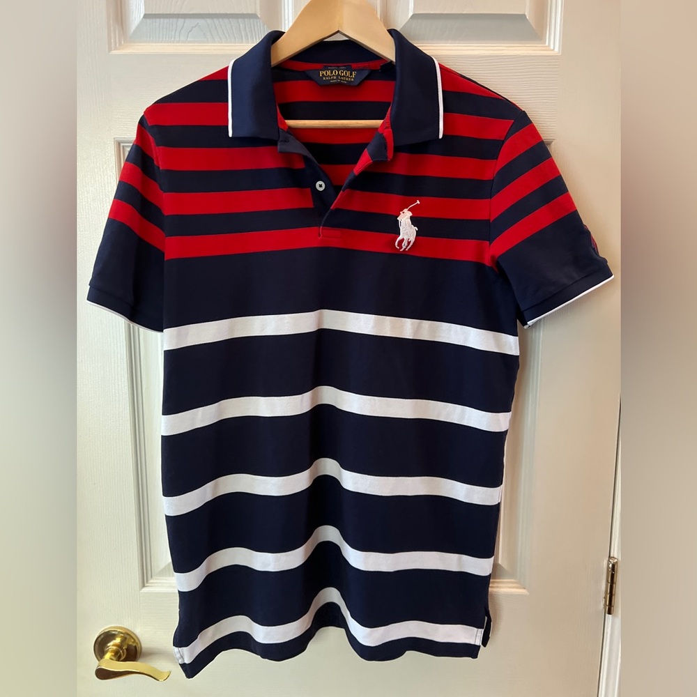 Polo Golf Ralph Lauren Performance Navy & Red Striped Polo Shirt USA M